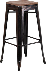 30" High Backless Black-Antique Gold Metal Barstool with Square Wood Seat