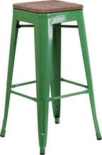 Load image into Gallery viewer, 30&quot; High Backless Green Metal Barstool with Square Wood Seat