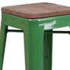 Backless Green Metal Barstool body with Square Wood Seat 