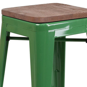 30" High Backless Green Metal Barstool with Square Wood Seat