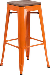 30" High Backless Orange Metal Barstool with Square Wood Seat