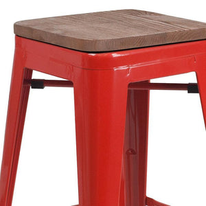 30" High Backless Red Metal Barstool with Square Wood Seat