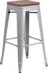 30" High Backless Silver Metal Barstool with Square Wood Seat