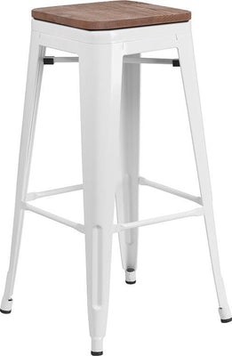 30" High Backless White Metal Barstool with Square Wood Seat