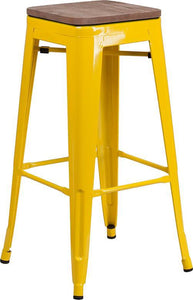 30" High Backless Yellow Metal Barstool with Square Wood Seat