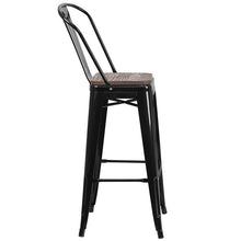 Load image into Gallery viewer, 30&quot; High Black Metal Barstool with Back and Wood Seat