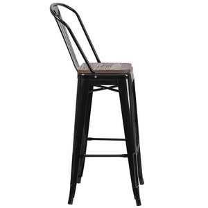 30" High Black Metal Barstool with Back and Wood Seat