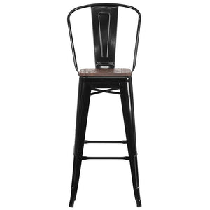 30" High Black Metal Barstool with Back and Wood Seat