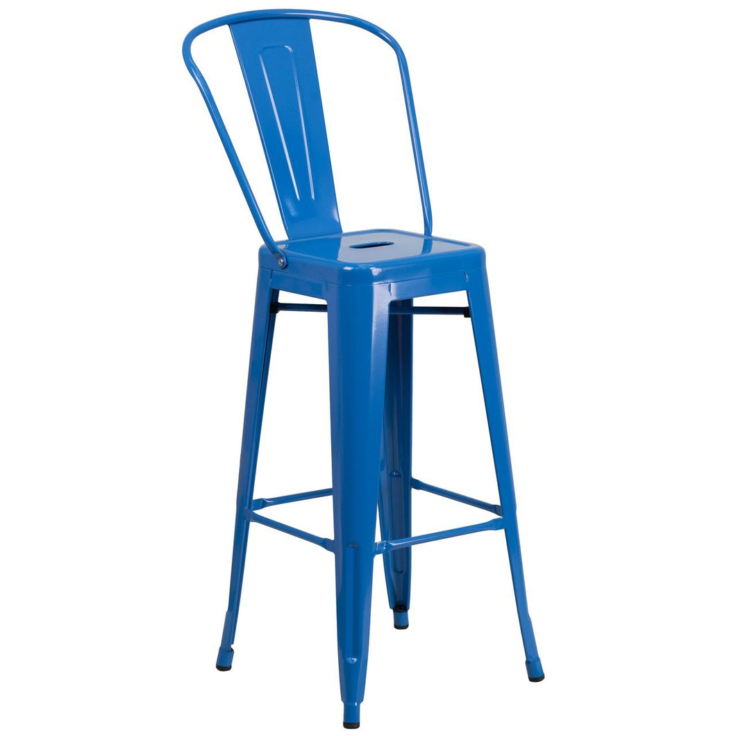 30'' High Blue Metal Indoor-Outdoor Barstool with Back
