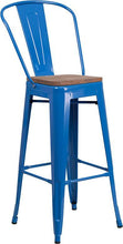 Load image into Gallery viewer, 30&quot; High Blue Metal Barstool with Back and Wood Seat