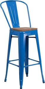 30" High Blue Metal Barstool with Back and Wood Seat