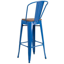 Load image into Gallery viewer, 30&quot; High Blue Metal Barstool with Back and Wood Seat