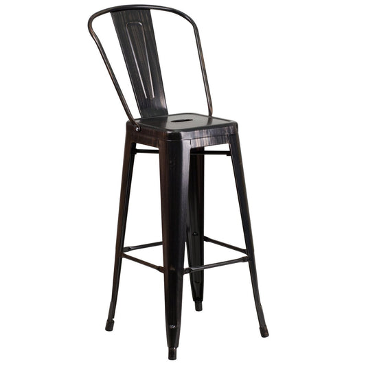 30'' High Black-Antique Gold Metal Indoor-Outdoor Barstool with Back