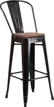 Load image into Gallery viewer, 30&quot; High Black-Antique Gold Metal Barstool with Back and Wood Seat