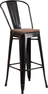 30" High Black-Antique Gold Metal Barstool with Back and Wood Seat