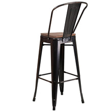 Load image into Gallery viewer, 30&quot; High Black-Antique Gold Metal Barstool with Back and Wood Seat