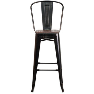 30" High Black-Antique Gold Metal Barstool with Back and Wood Seat