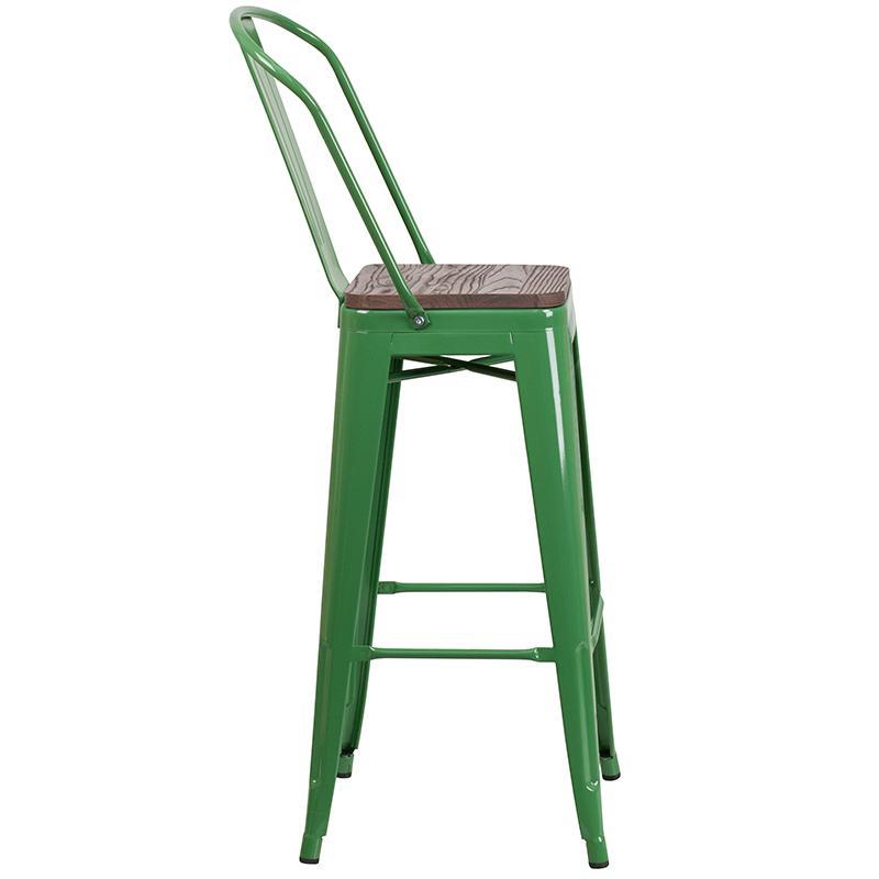 30" High Green Metal Barstool with Back and Wood Seat - Side