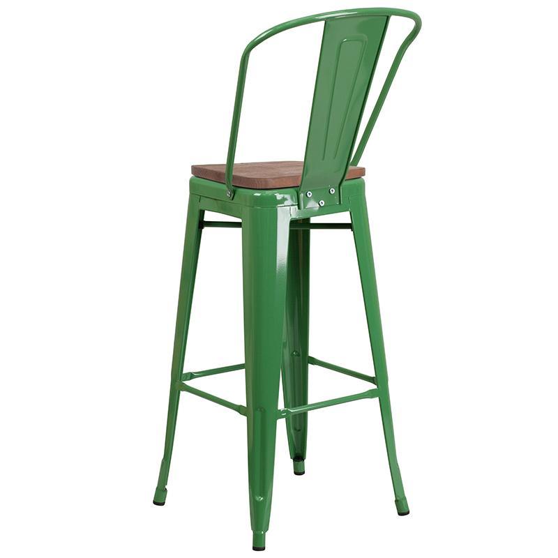 30" High Green Metal Barstool with Back and Wood Seat - Back