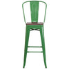 30" High Green Metal Barstool with Back and Wood Seat - front