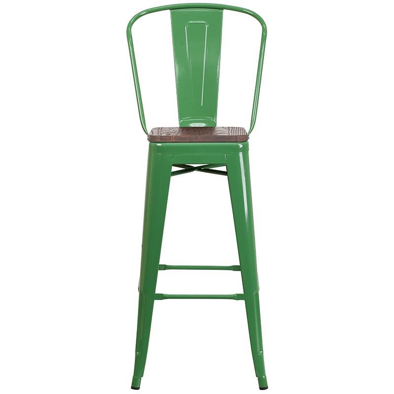 30" High Green Metal Barstool with Back and Wood Seat - front