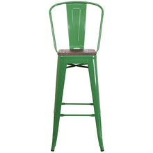 Load image into Gallery viewer, 30&quot; High Green Metal Barstool with Back and Wood Seat