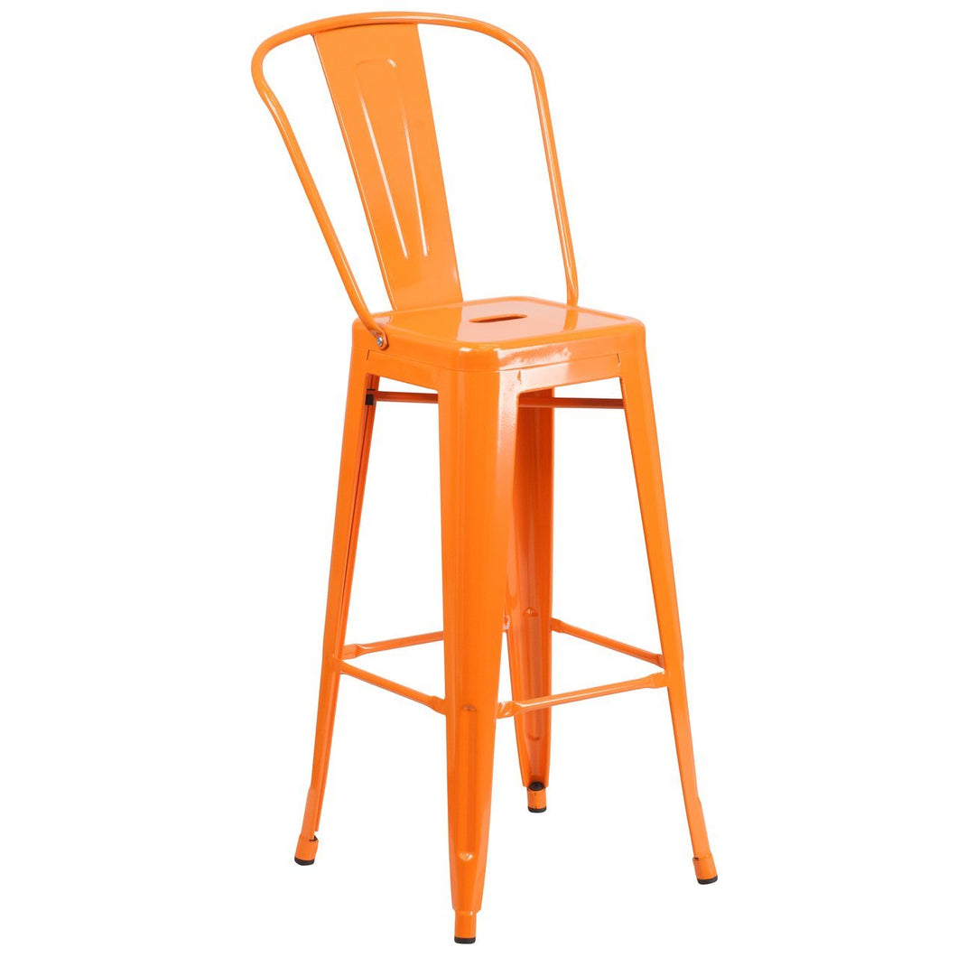 30'' High Orange Metal Indoor-Outdoor Barstool with Back