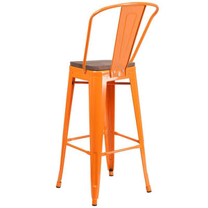 30" High Orange Metal Barstool with Back and Wood Seat