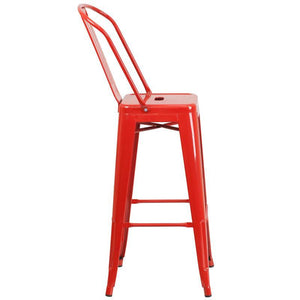 30'' High Red Metal Indoor-Outdoor Barstool with Back