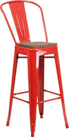 30" High Red Metal Barstool with Back and Wood Seat