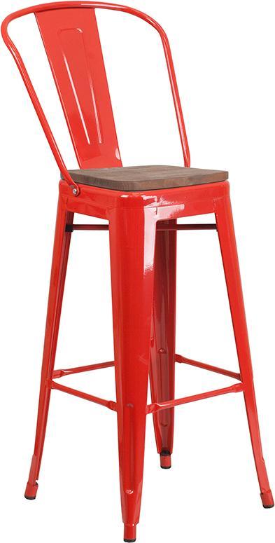 30" High Red Metal Barstool with Back and Wood Seat