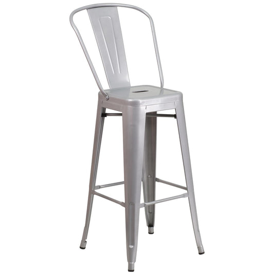 30'' High Silver Metal Indoor-Outdoor Barstool with Back