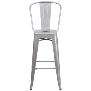 30'' High Silver Metal Indoor-Outdoor Barstool with Back