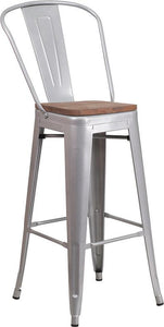 30" High Silver Metal Barstool with Back and Wood Seat