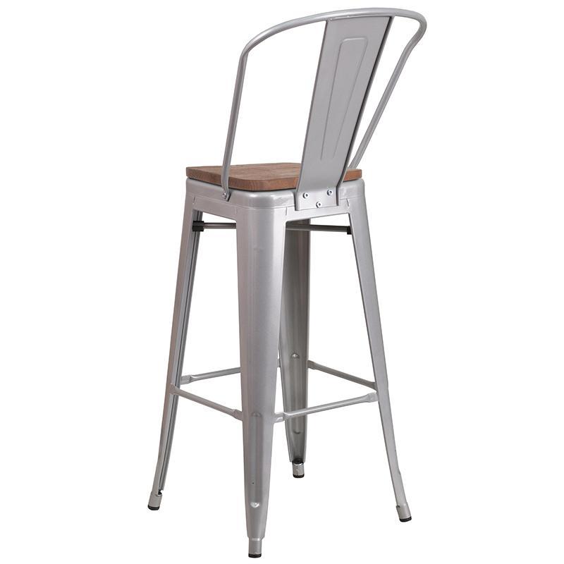 Silver Metal Barstool with Back and Wood Seat