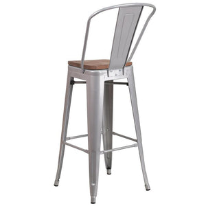 30" High Silver Metal Barstool with Back and Wood Seat
