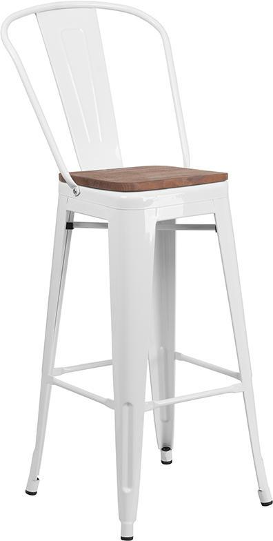 30" High White Metal Barstool with Back and Wood Seat
