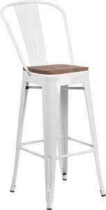 30" High White Metal Barstool with Back and Wood Seat