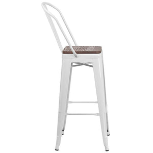 30" High White Metal Barstool with Back and Wood Seat