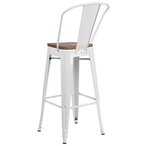 30" High White Metal Barstool with Back and Wood Seat