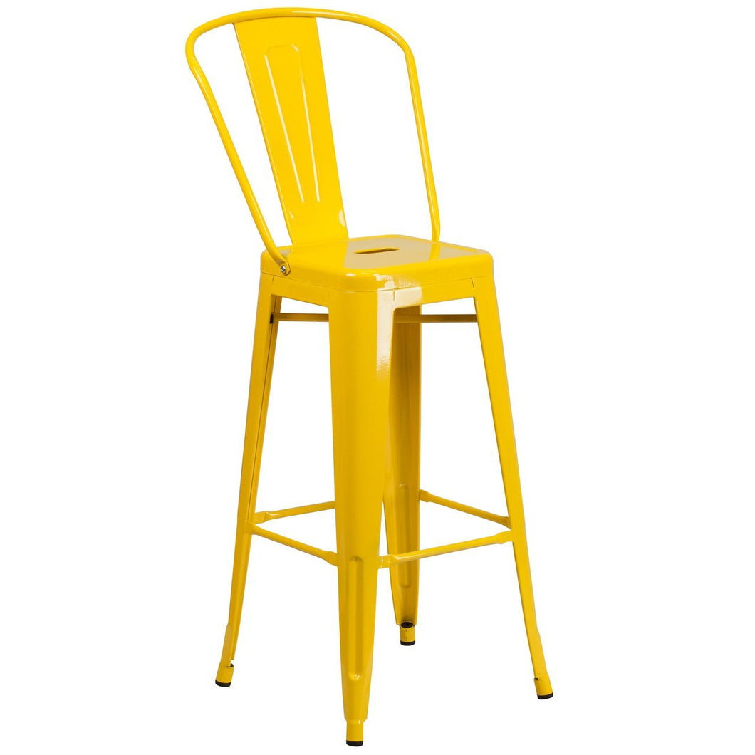 30'' High Yellow Metal Indoor-Outdoor Barstool with Back