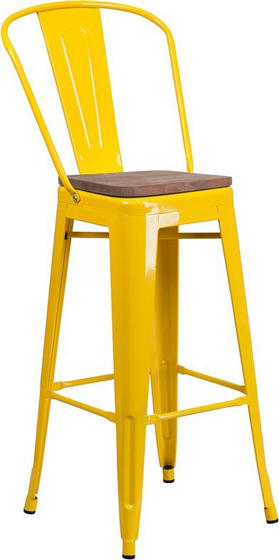 30" High Yellow Metal Barstool with Back and Wood Seat