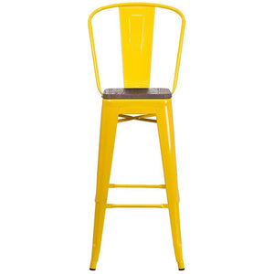 30" High Yellow Metal Barstool with Back and Wood Seat