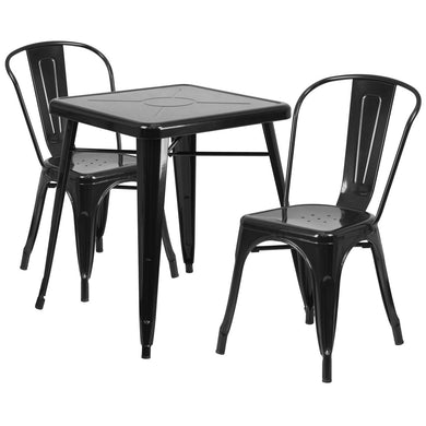 23.75'' Square Black Metal Indoor-Outdoor Table Set with 2 Stack Chairs