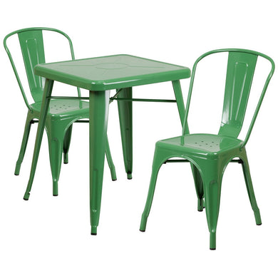 23.75'' Square Green Metal Indoor-Outdoor Table Set with 2 Stack Chairs