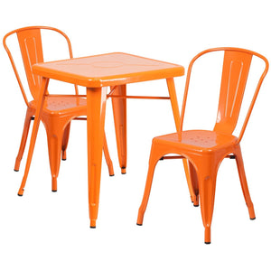 23.75'' Square Orange Metal Indoor-Outdoor Table Set with 2 Stack Chairs