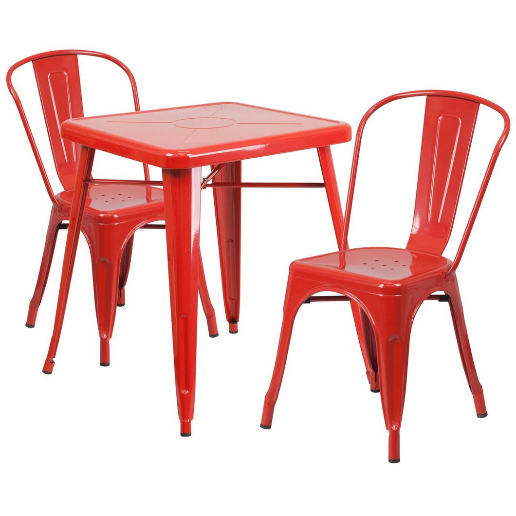 23.75'' Square Red Metal Indoor-Outdoor Table Set with 2 Stack Chairs