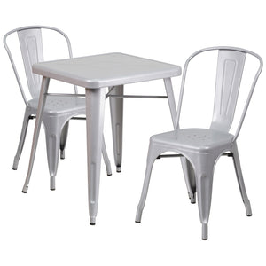 23.75'' Square Silver Metal Indoor-Outdoor Table Set with 2 Stack Chairs
