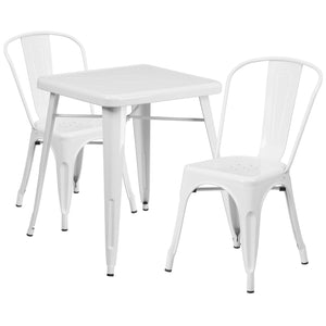 23.75'' Square White Metal Indoor-Outdoor Table Set with 2 Stack Chairs