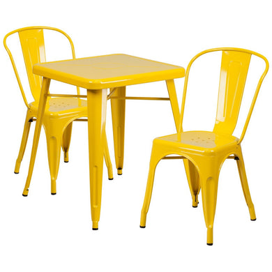 23.75'' Square Yellow Metal Indoor-Outdoor Table Set with 2 Stack Chairs